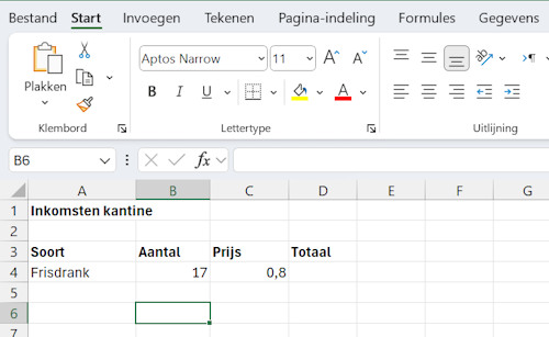 Voorbeeld rekenen in Excel - kantine inkomsten